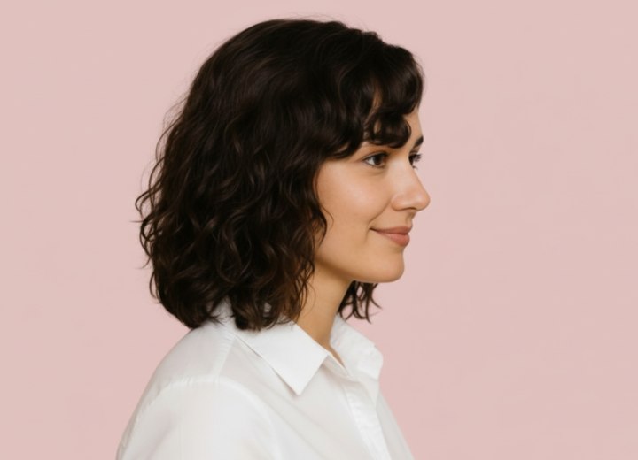 Brown hair in a long bob with curls - Side view