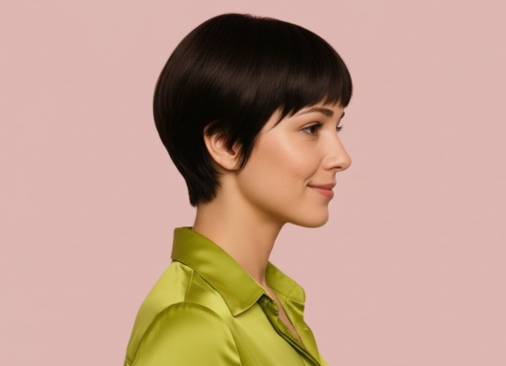 Short hair with bangs across the forehead - Side view