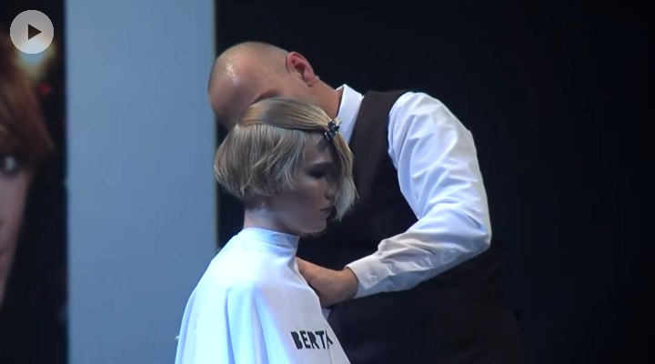 On-stage cutting of a short timeless hairstyle