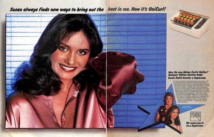 UniCurl 1980s ad with a satin blouse