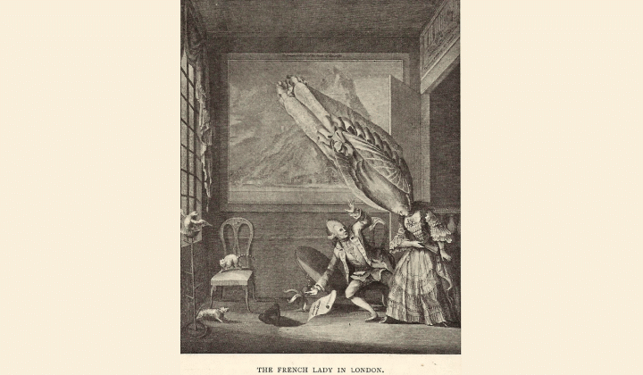 Head-dress reaching the ceiling in a print of the French Lady in London period