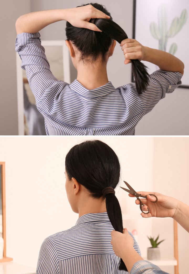 Gathering a woman's long hair in a ponytail and cutting it off.